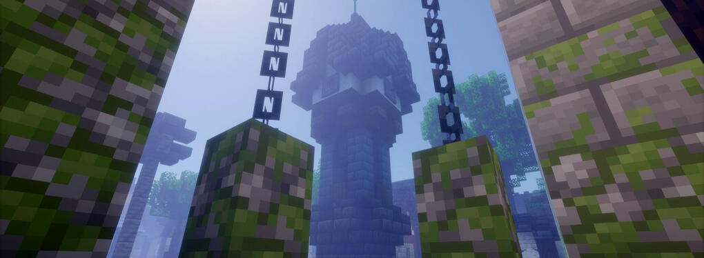 A picture of a Minecraft clocktower, as framed through a window made of stone bricks and iron chains. It is sunny but foggy, and the mid and background fad into the fog
