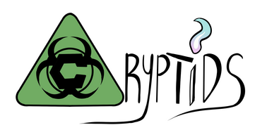 The Cryptids SMP Logo, it says Cryptids in a long and exaggerated font. The C is encased in a green triangle, with the C surrounded by lines reminiscent of a Biohazard sign. Instead of a dot on the I, there is a blue and pink flame
